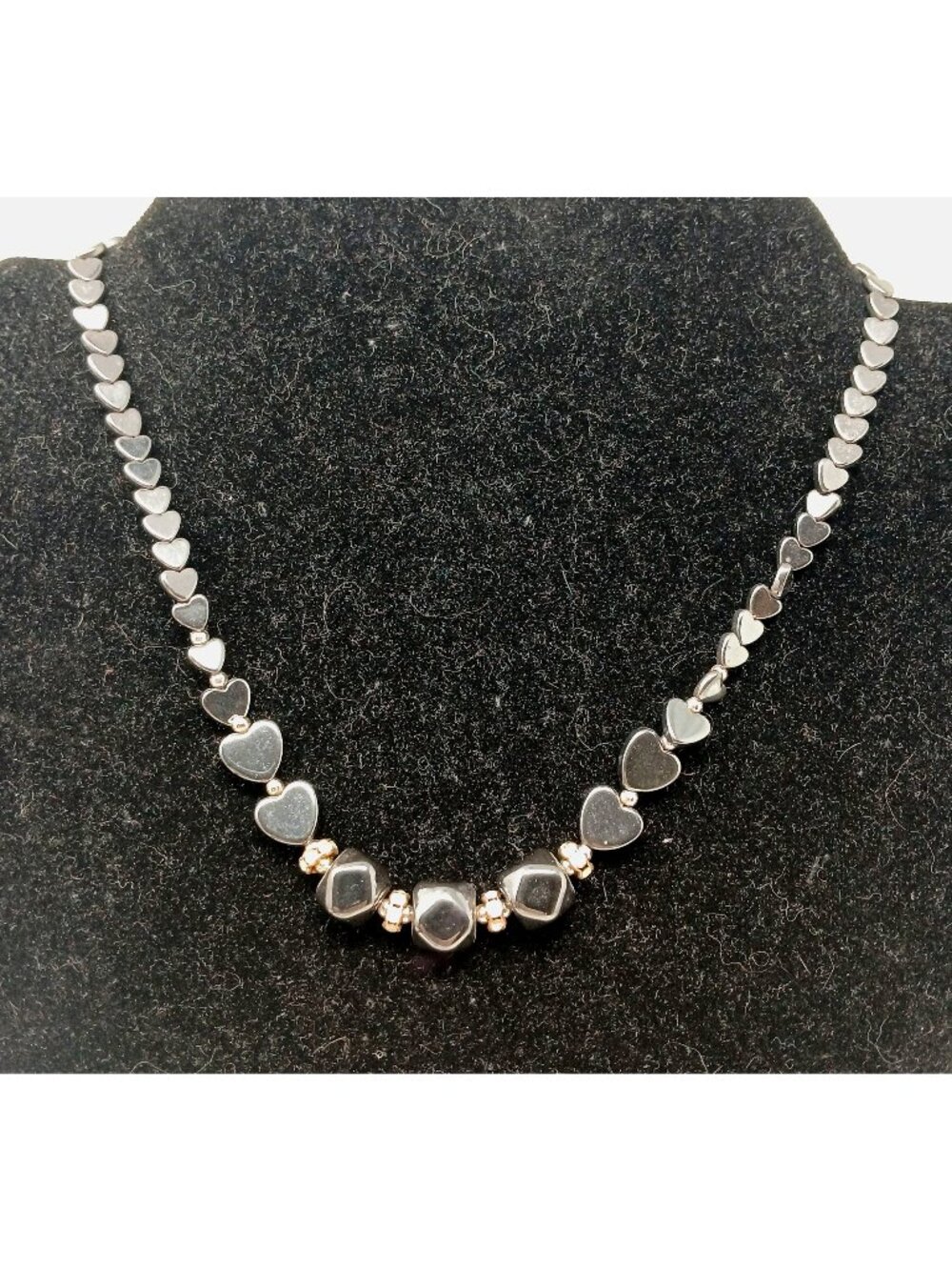Hematite Heart Beaded Necklace Silver Goldtone w/ Rhinestone Accents 17.5" #J8BP